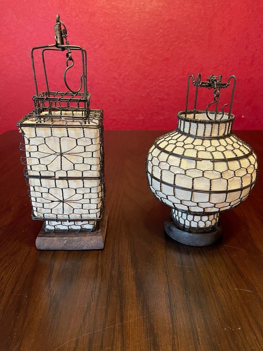 Vintage Chinese Style Wire and Fabric Decorative Hanging Lanterns, Set of 2
